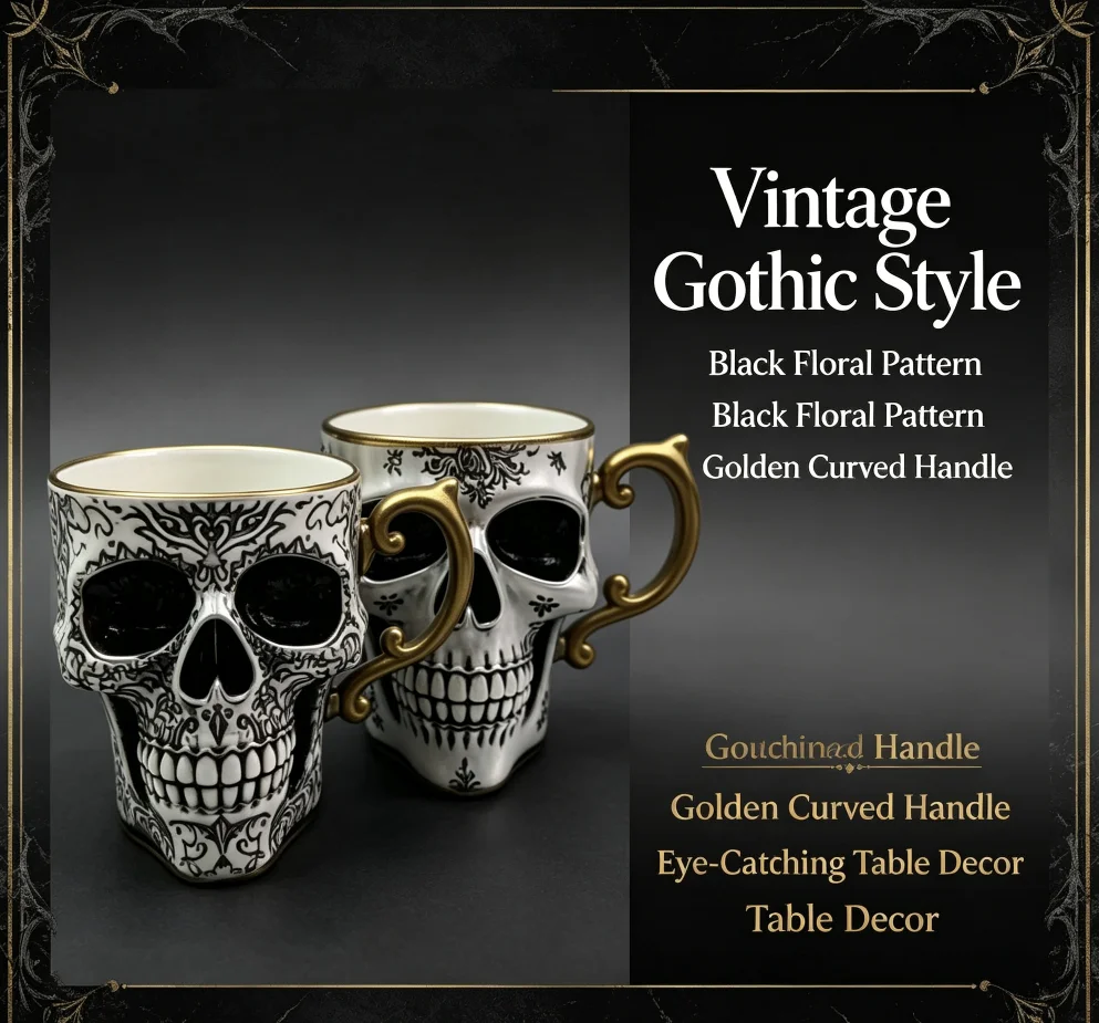 Gothic Skeleton Resin Mug Vintage Floral Print Golden Handle Halloween Coffee Cup Novelty Drinkware Gift