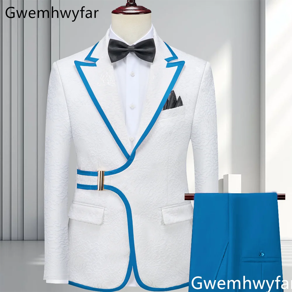 

Gwenhwyfar Luxury Wedding Attire for Men Tailored White Jacquard Suit With Trims Peaked Lapel Accents For Grooms & Bridal Party