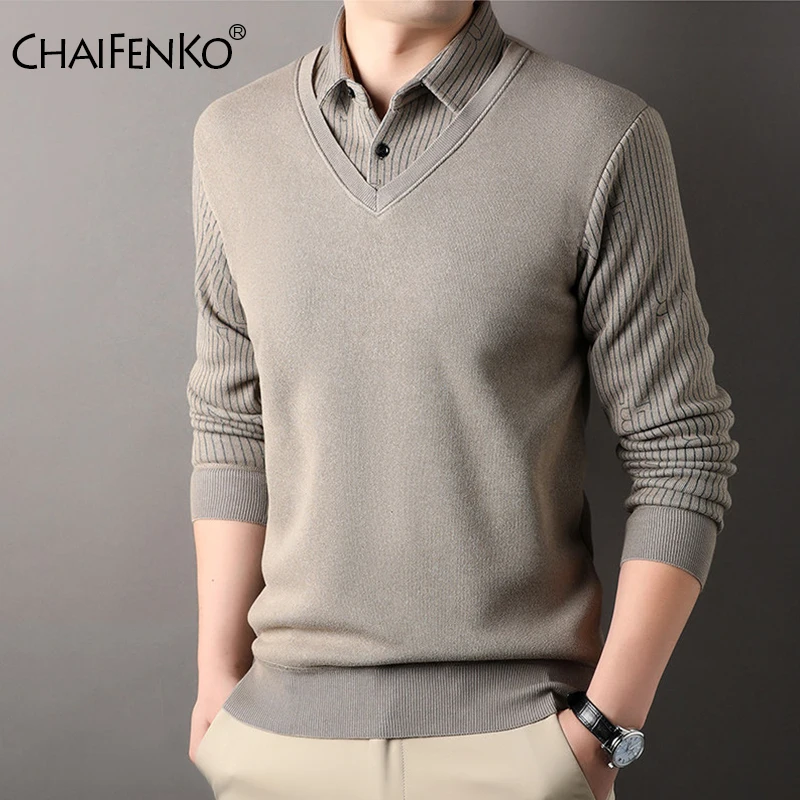 

Autumn Winter Men Fake Two Pieces Knit Shirt Collar Sweater New Fashion Fleece Thickening Solid Knit Sweater Lapel Tops Men