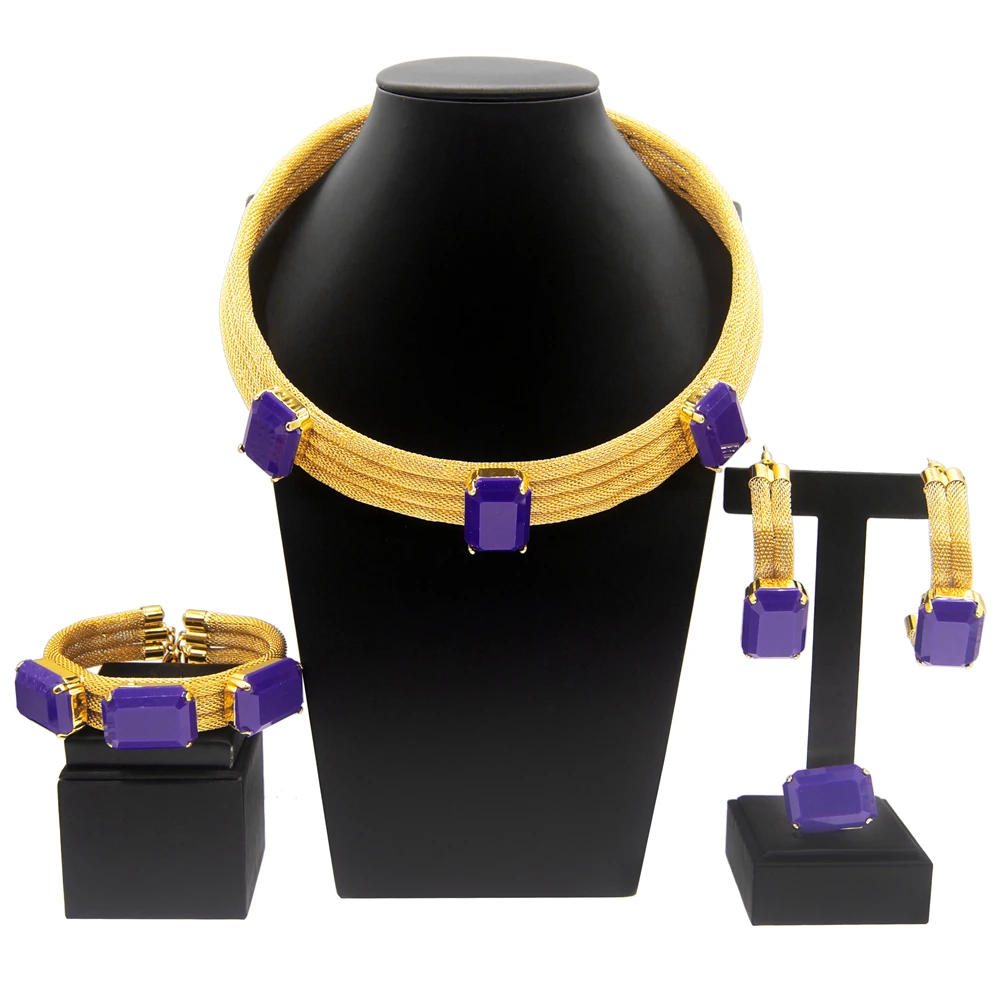 

Yulali Brazilian style gold-plated jewelry set earrings bracelet Purple gems dazzling gorgeous temperament exquisite wedding