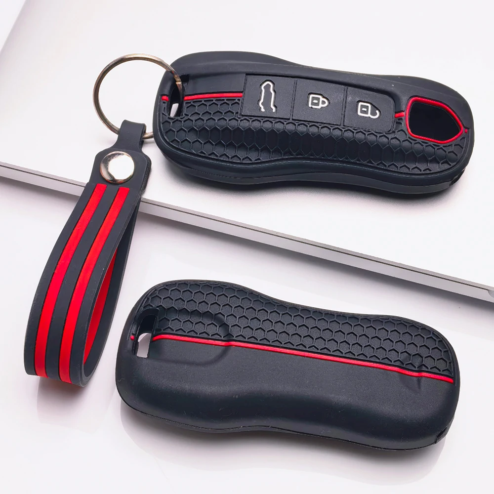 Silicone Remote Key Case For Porsche 911 Cayenne Panamera Macan Taycan 718 Boxster Cayman with double loop Secure Grip