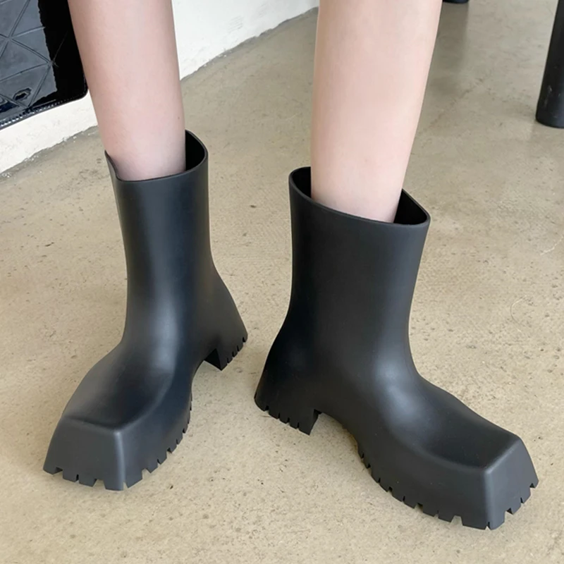 Brand Designer Rain Boots Women Non-slip Square Toe Fashion Short Shoes Female New 2025 Straight Waterproof Platform Women Boots