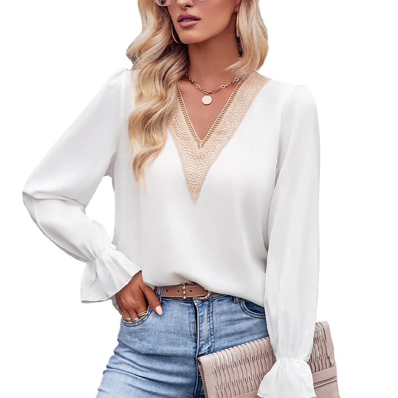 Autumn Elegant Fashion Office Lady Chic Shirt Women Aesthetic Loose Casual Stylish New Deep V Neck Lace Long Lantern Sleeve Top