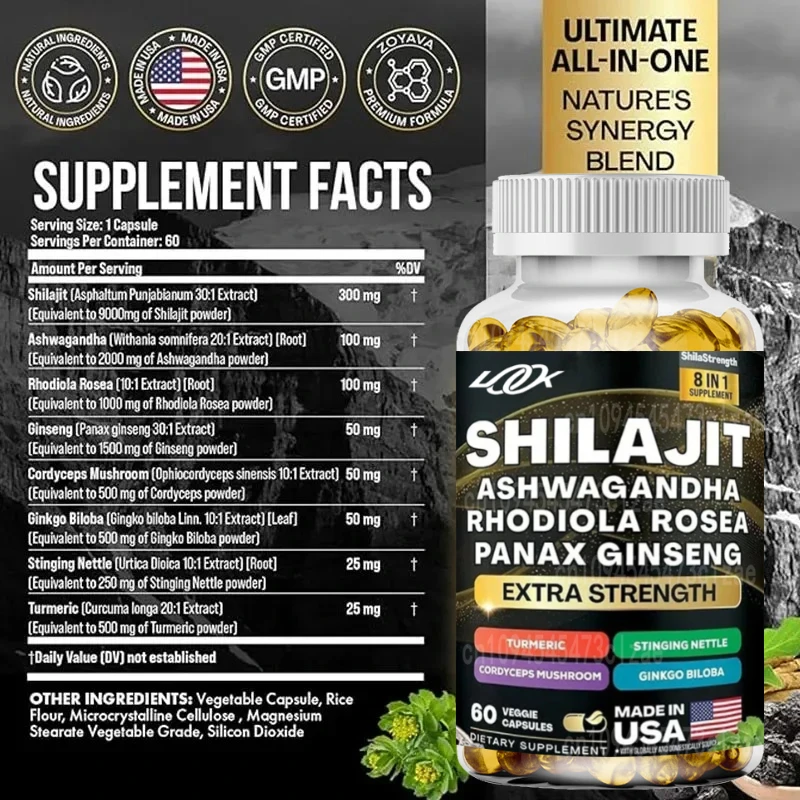 

Shilajit Panax Ginseng Южноафриканский Drunken Solanum, Rhodiola, Куркума, Гинкго, Урбана, Кордицепс, Гриб -60 капсул