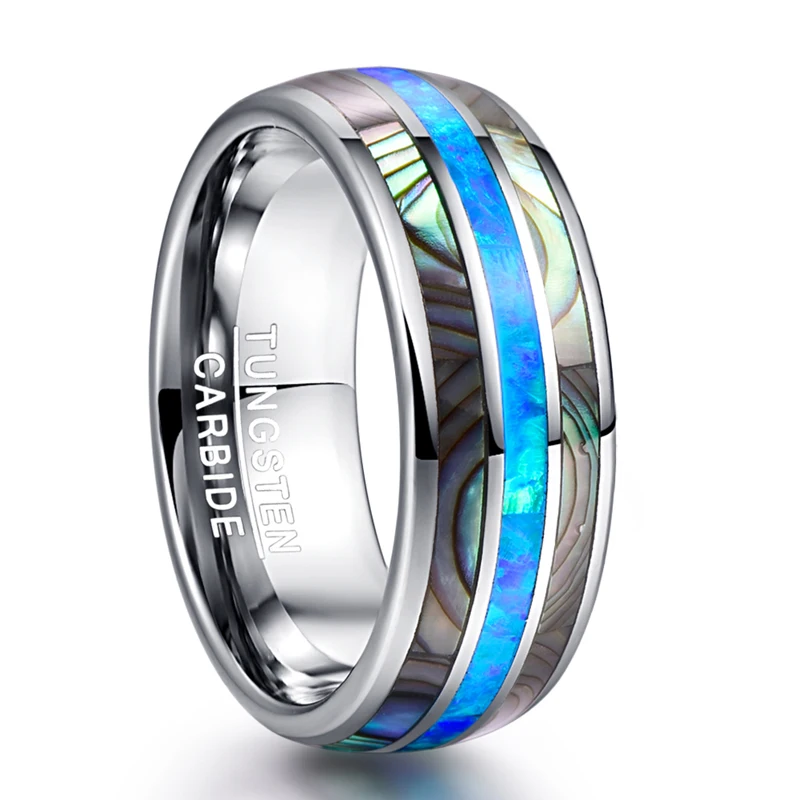 Nuncad 8mm Blue Opal Tungsten Carbide Rings Inlaid Natural Shells Anniversary Party Jewelry Gift Silver Color Rings T151R