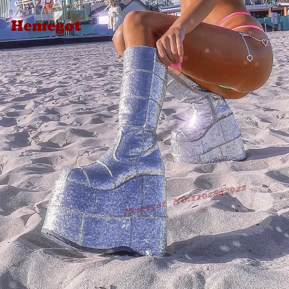 Bling Silver Patchwork Gothic Boots Platform Side Zipper Spicy Girls Women's Boots Wedges High Heels Runway Shoes 2025 New