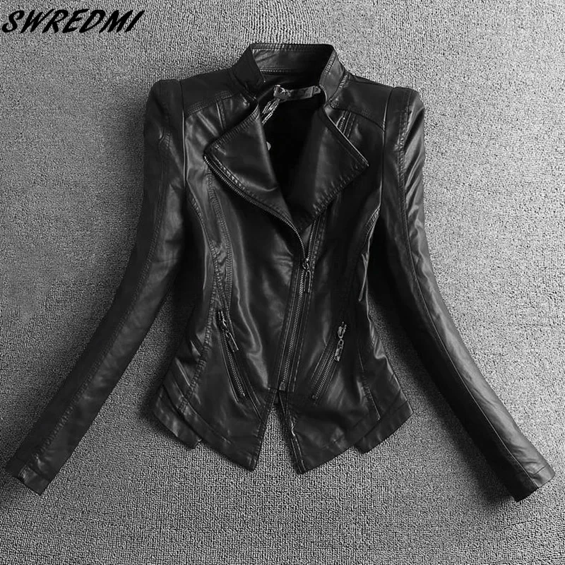 SWREDMI 2024 New Slim Casual Women Leather Jacket Mandarin Collar Short Black Leather Coats Spring And Autumn Suede Outerwear