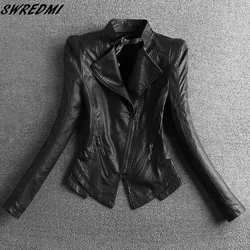 SWREDMI-Veste en cuir pour femme, slim, décontractée, col mandarin, court, noir, printemps et automne, 2024