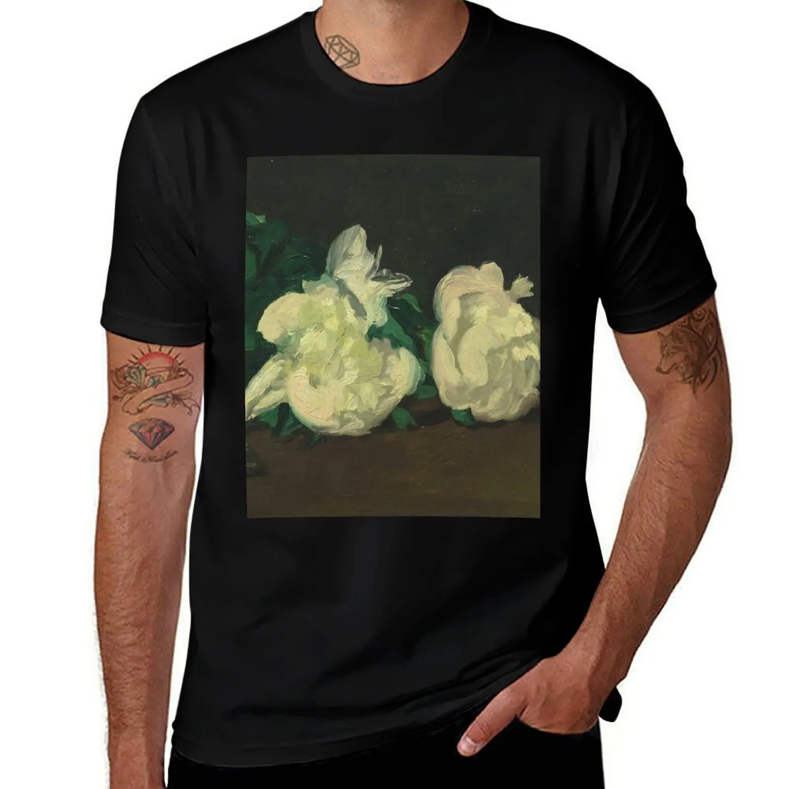 Edouard Manet Branch of white peonies and shears, 1864 Print T-Shirt Large Size Short Sleeve T-Shirt