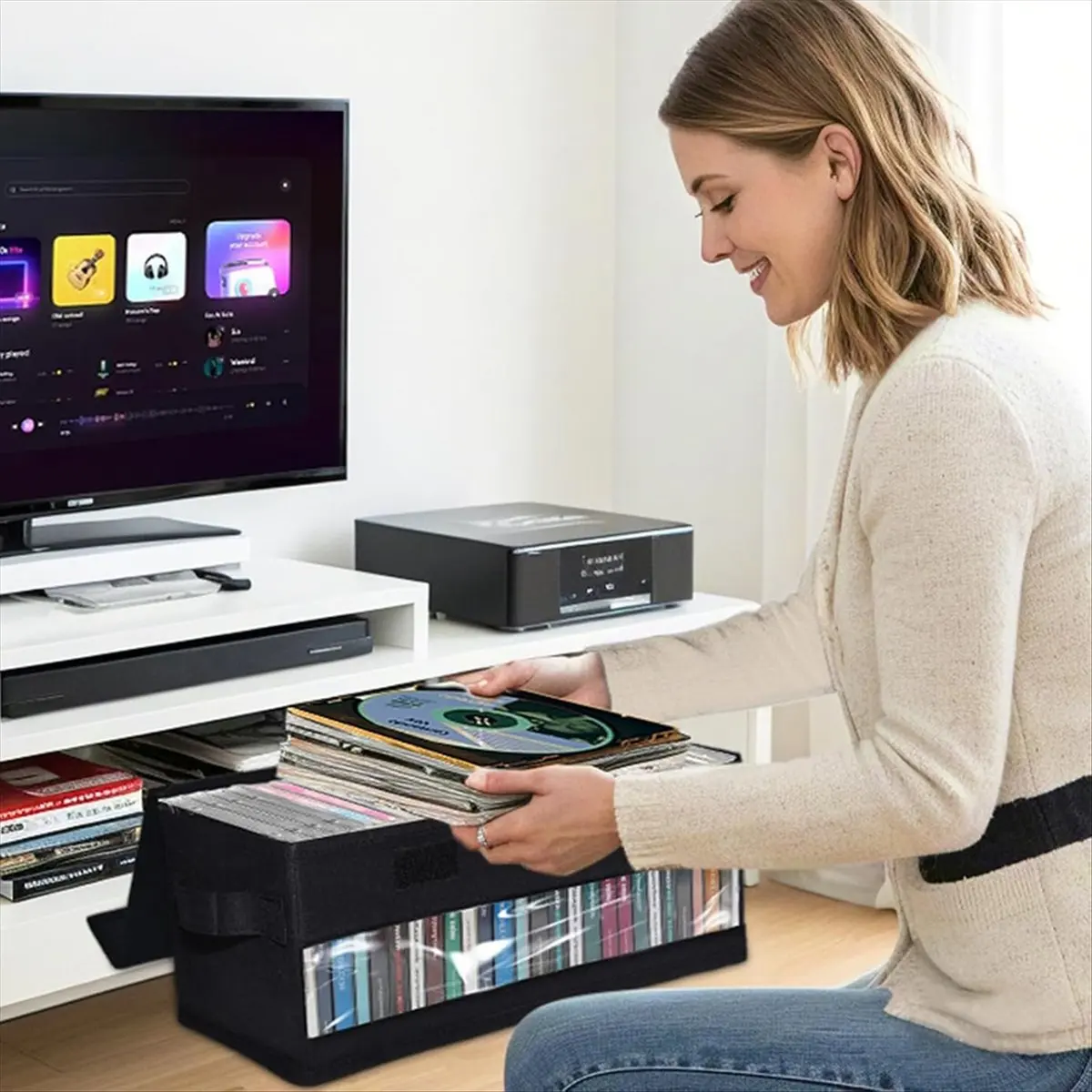 2パックのcd収納ボックス、cdケース収納、コンテナはフルジュエルケースでcd32枚、スリムケースでcd60枚を収納可能