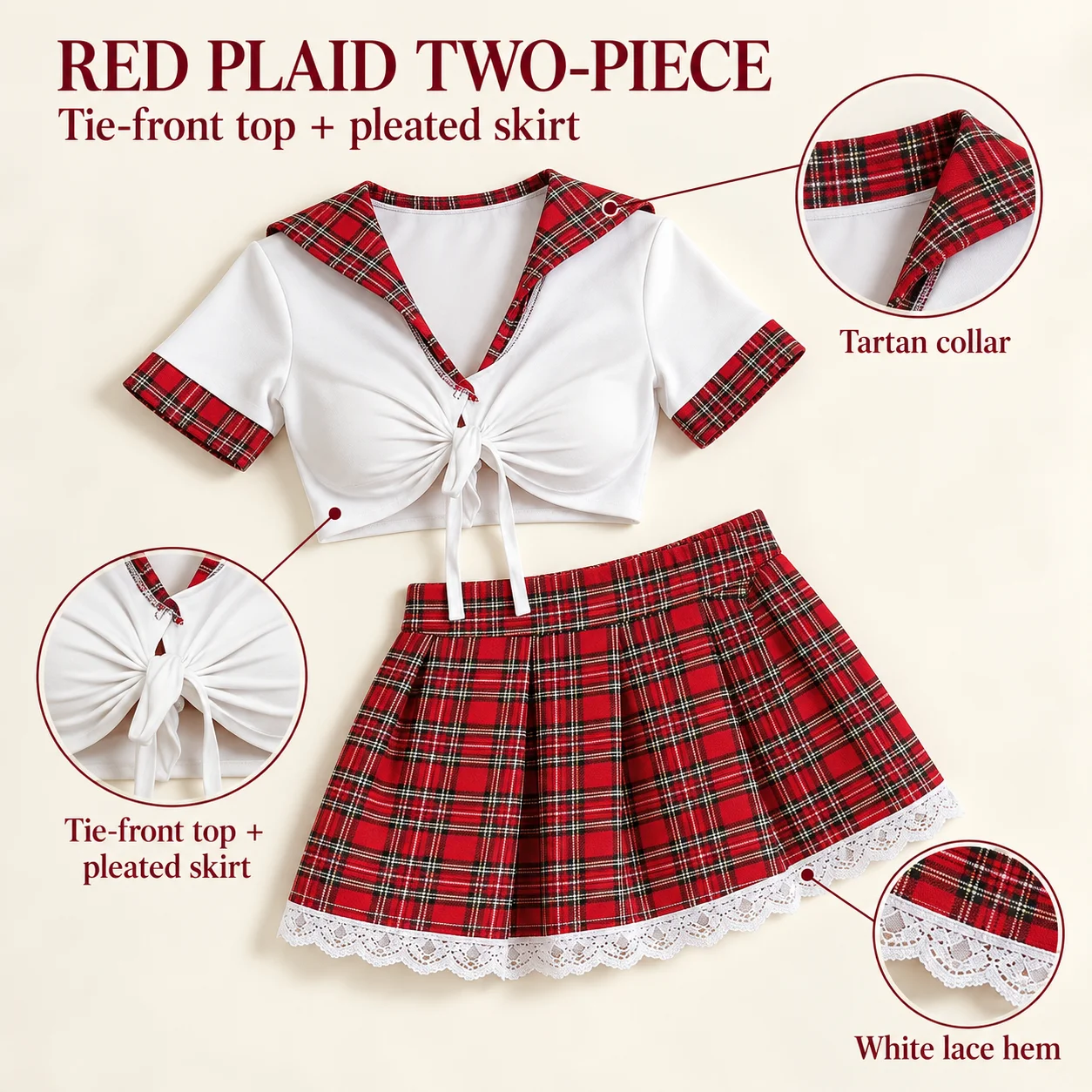 Women's Red Plaid Two Piece Costume Set White Tie Front Short Sleeve Top and Lace Trim Pleated Mini Skirt S M L XL