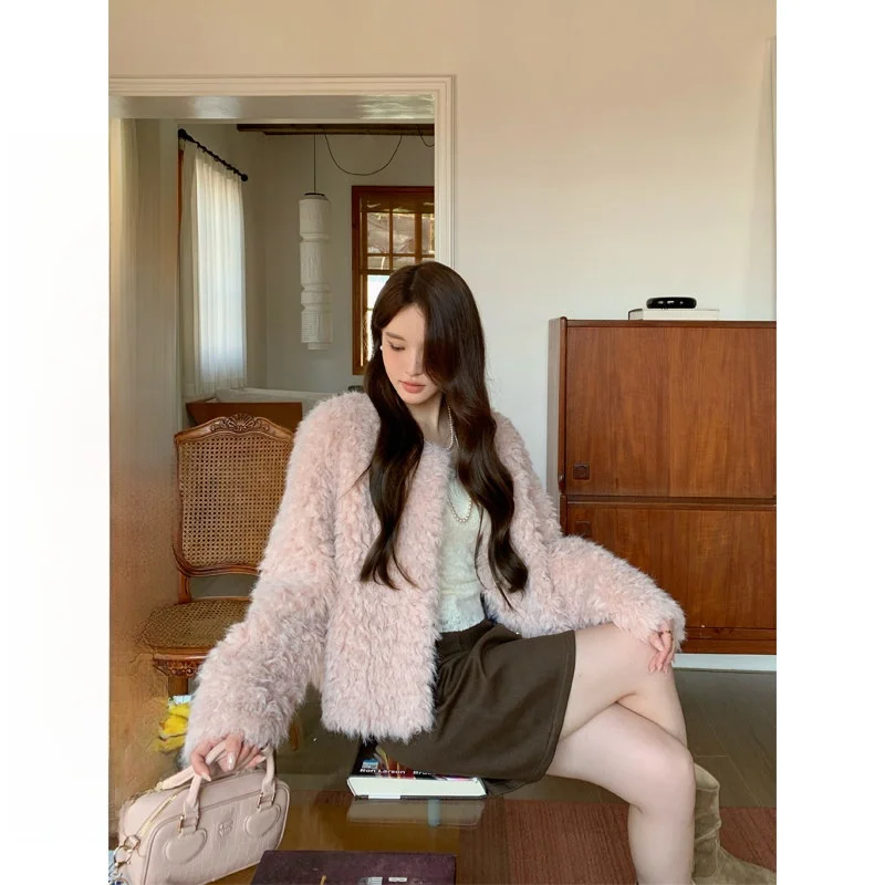 

Nora Studio Women's Pink ort Fur Jaet Soft Cute Heart aped Eco-Friendly Synthetic Wool Straight Cut Long Sve Coat