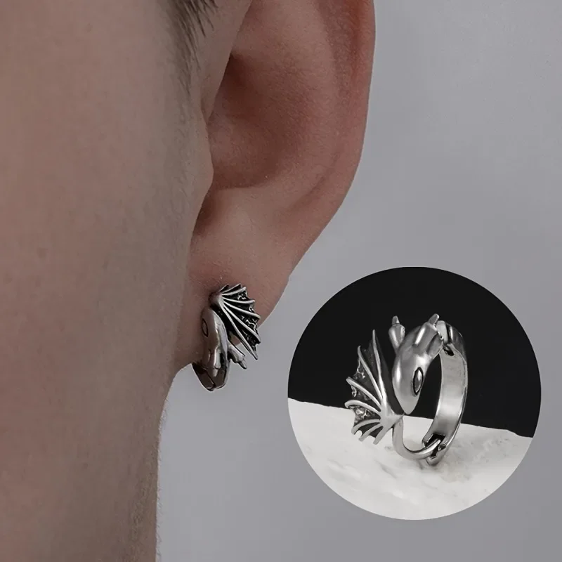 New Little Flying Dragon Earrings for Men's Trendy and Personalized Hip Hop Single Fashion Men's Dragon Ear Buckle Accessories