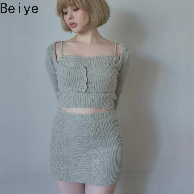 3‑Piece Cable Knit Set Women Spaghetti Strap Camisole Crop Cardigan High Waist Mini Skirt Female Japanese Y2K Knitted Outfit