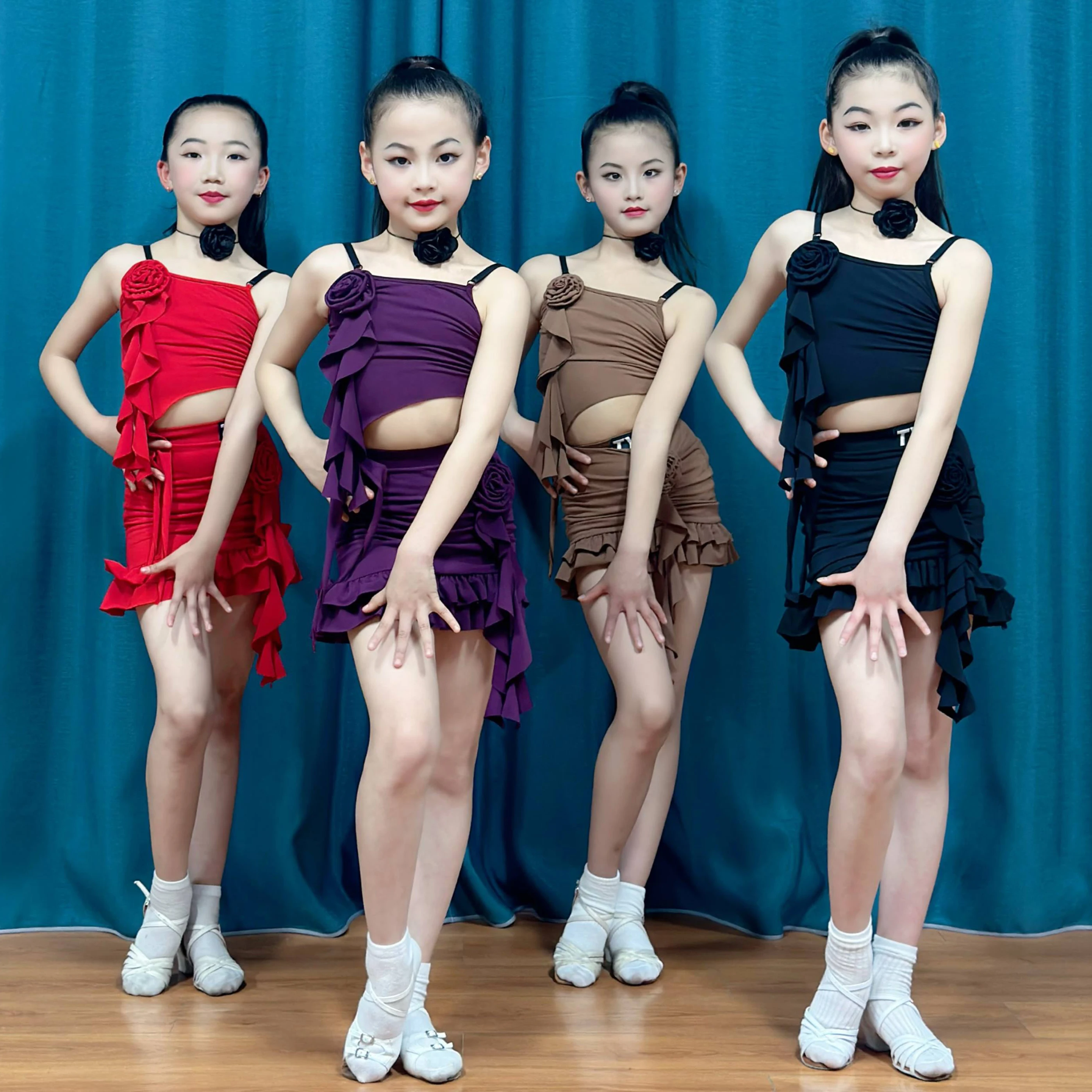 Vêtements de danse latine pour filles, 4 couleurs, vêtements d'entraînement, robe d'été latine pour enfants, Cha Cha Rumba, robes de spectacle de danse DNV22942