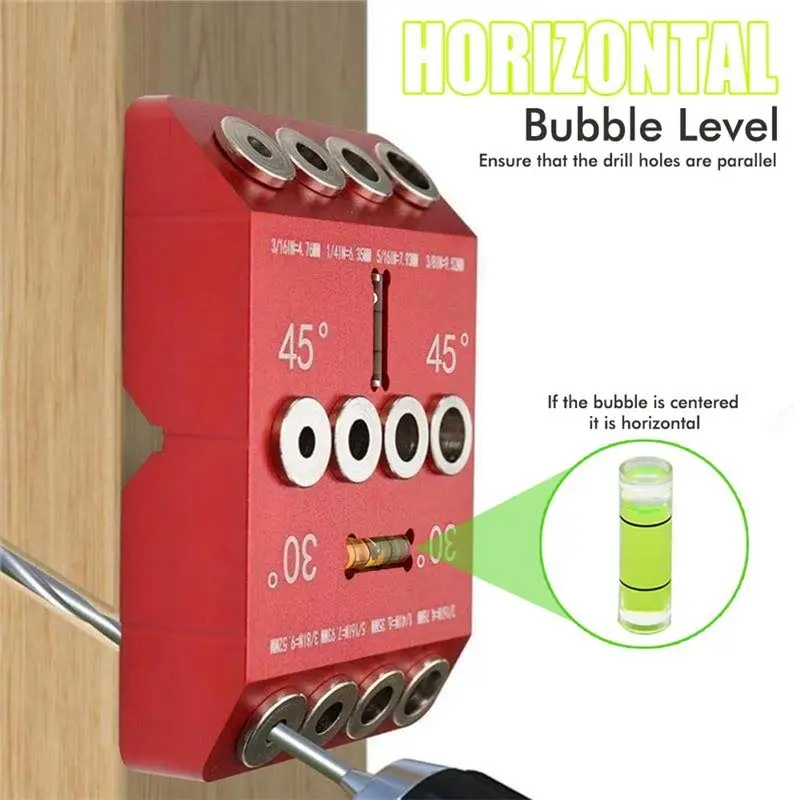 دليل الحفر مع مستوى الفقاعات لأعمال النجارة - يتضمن 30/45/90 ° فتحات مستقيمة/زاوية في 4 أحجام للحفر #2