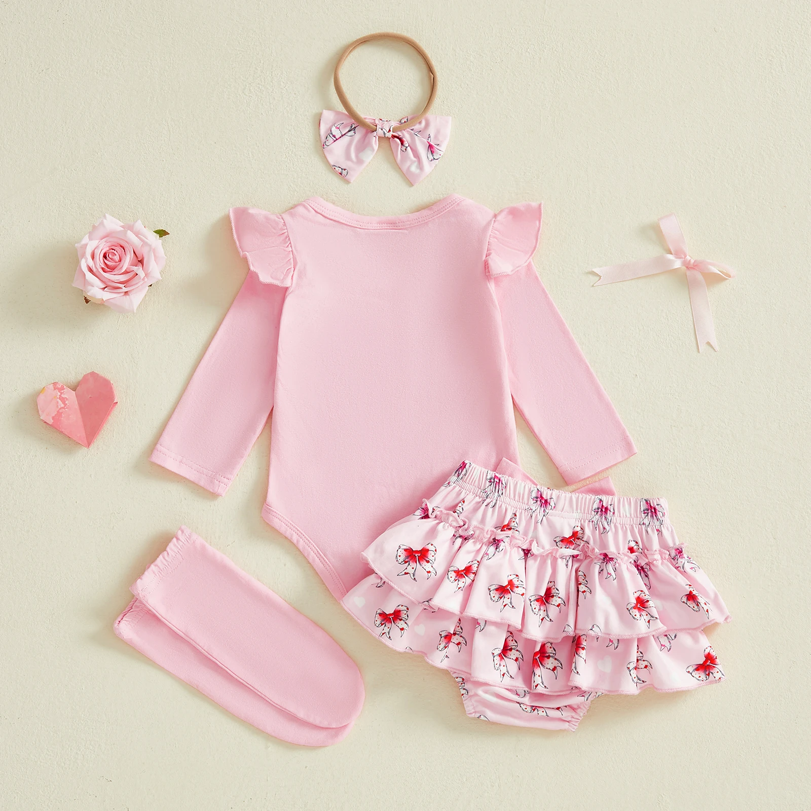 0-18Months Infant Baby Girl First Valentines Day Outfits Letter Long Sleeve Round Neck Romper Bow Shorts Headband Long Socks