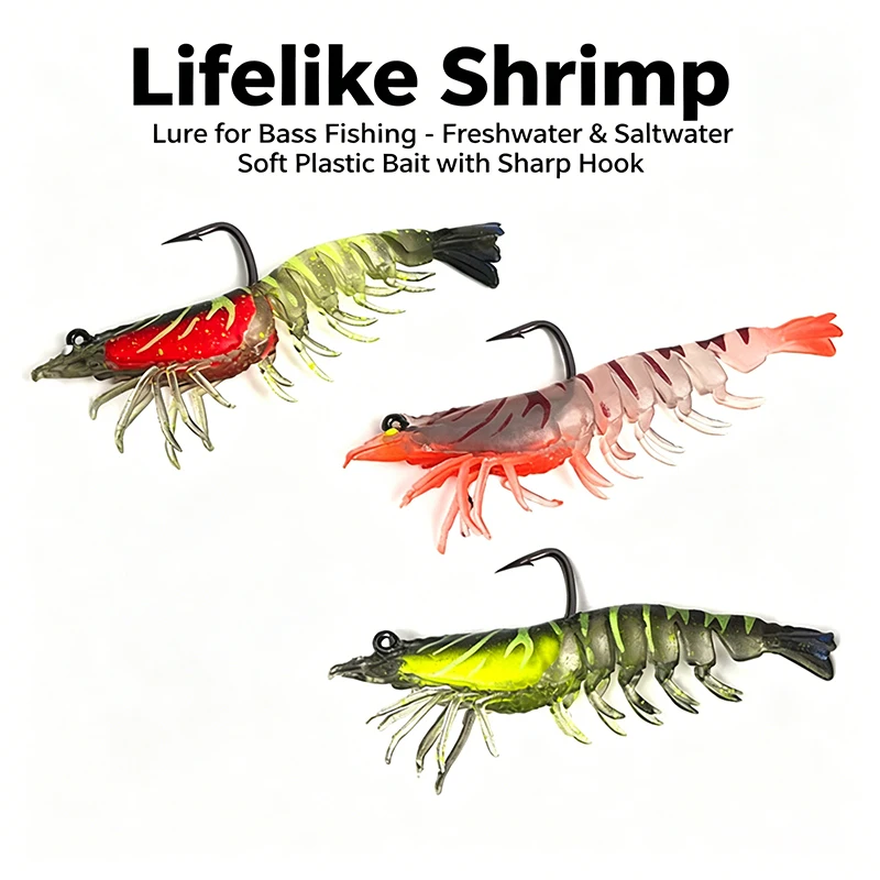 6 Stück/Set Weiche Garnelen-Angelköder 8cm 8g Vormontierte Jigkopfhaken 6 Farben Lebensechte PVC Künstliche Garnelenköder für Barsch-Angeln