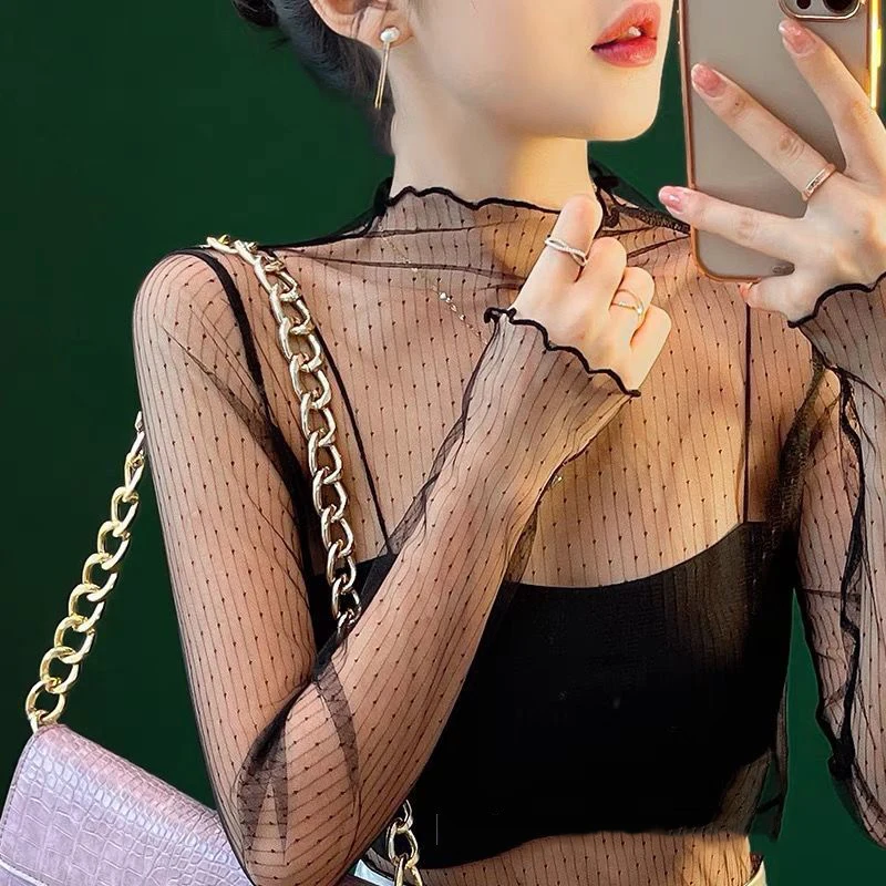 2024 NEW Sexy Women's Mesh Lace T-Shirt Tees Tops Pullover Long Sleeve See Through Bottoming Shirt Black White Sweet Streetwear