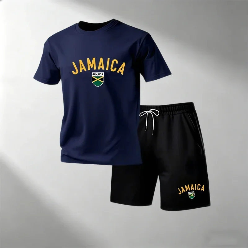 JAMAICA Summer Casual T-Shirts Sets for Men O-Neck Short Sleeve + Sports Shorts Quick Dry Running Fitness Home Outdoor