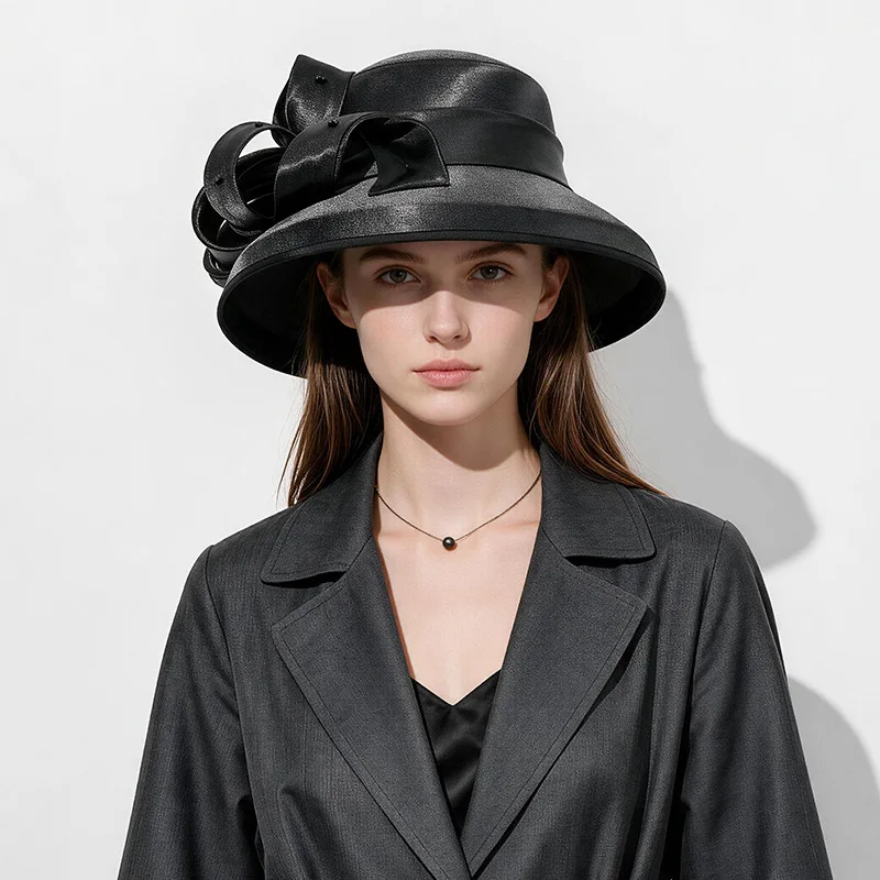 Deluxe New Pearl Church Party Banquet Satin Cloth Photography Hats Premium Formal Hat Flower Top Cap For Women Wedding Hat