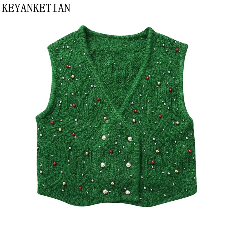 KEYANKETIAN New Launch Women\'s Colored Artificial Pearl Decorated Knitted Waistcoat Vest Festive Air Sweater Crop Top Green