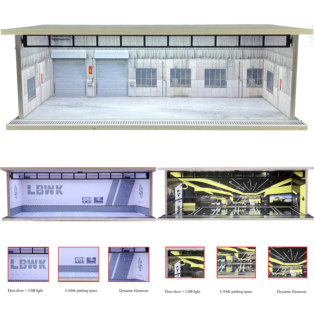 1/64 Scale Car Garage Diorama Models Set with USB LED Lighting Miniature Car Parking Lot Display Case for Model Cars Box