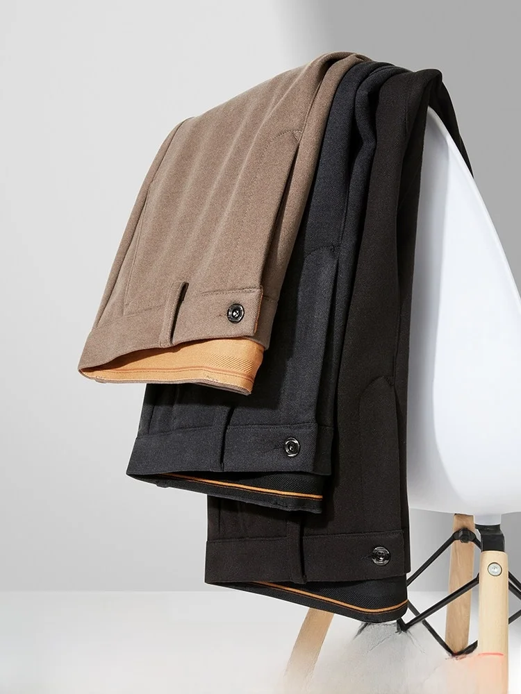 

Busin Commuter Casual Pants Men's Wool Blend Polyester Comfortable Breathable High Waist Straight Leg Pants for Autumn Winter