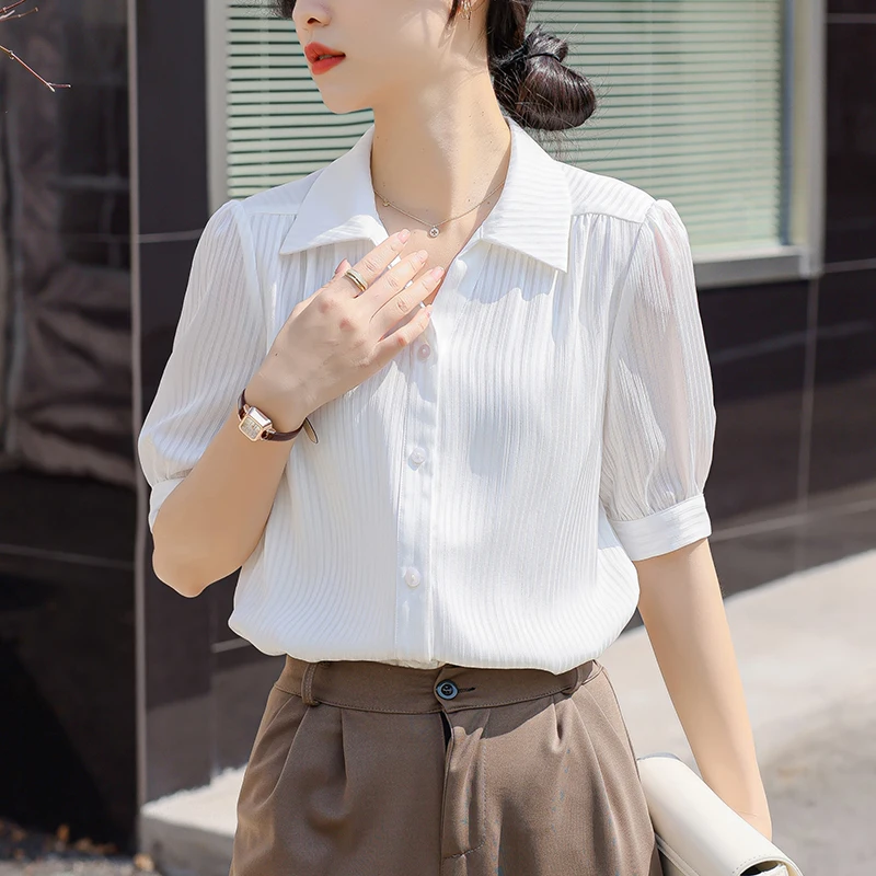 Fashion New Short Sleeve Turn Down Collar Women Shirt Casual Chiffon Shirt Blouse Women Tops  Blusas Mujer De Moda 2024 Verano