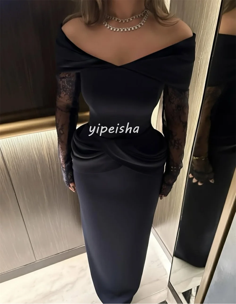 تخصيص رائعة كلاسيكية جيرسي الطية الدانتيل Ruched رايات مستقيم خارج على الكتف فساتين طويلة فساتين السهرة جودة عالية #2