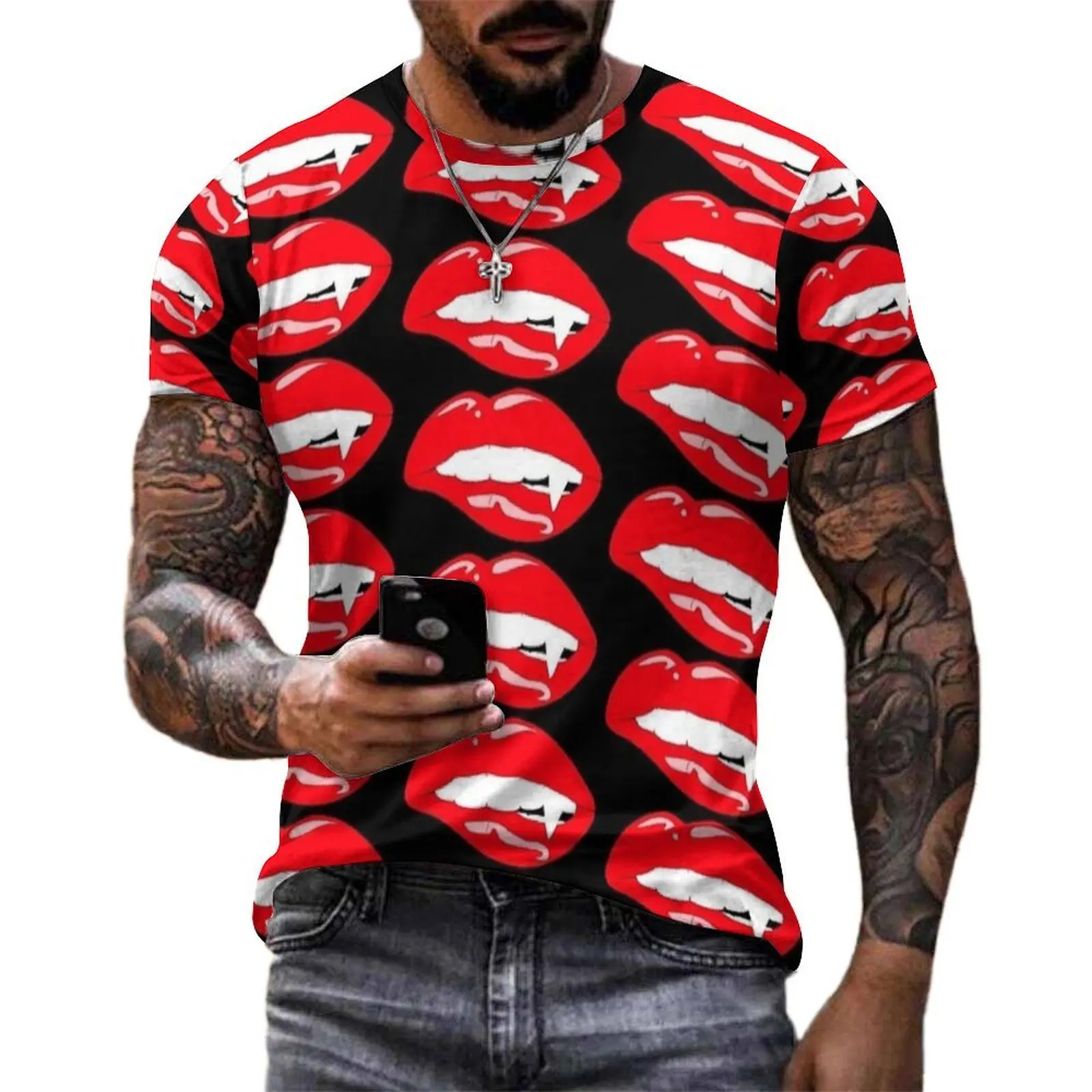 Oversized T-Shirt Summer Vampire Lip Bite Print T-Shirts  Streetwear Crewneck Tshirt Man Novelty Printed Tops