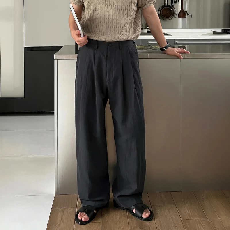 Thin light ripe linen blend double pinch pleated semi-elastic waist straight casual pants men