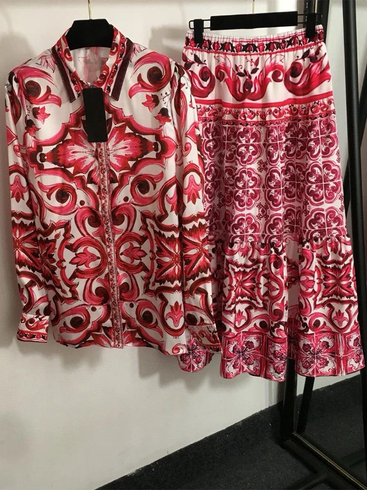 Retro Lapel Long-Sleeved Printed Shirt Spring New Fashion Women's Suit + Elastic Waist Big Swing Fluffy Skirt Elegant Two-Piece