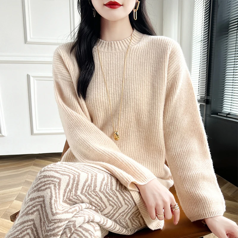 2024 Autumn/Winter Women Loose Sweet Sweaters 100% Wool Knitted Leisure O-neck Long Pullovers Warm Soft Tops