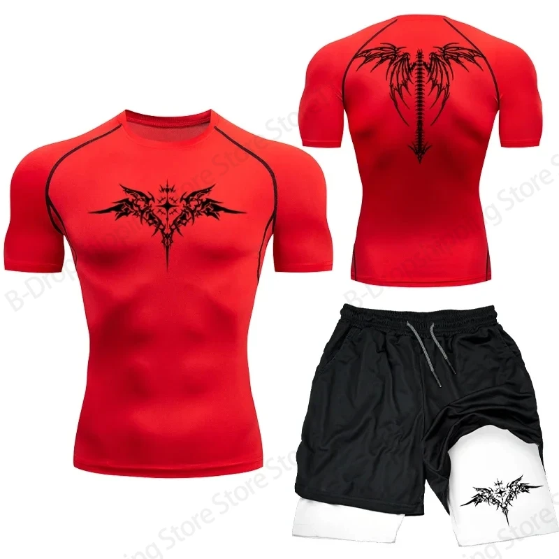 Conjuntos de compresión de boxeo de Anime para hombre y mujer, camiseta con estampado 3d + conjuntos cortos de 2 uds., traje deportivo informal para correr, chándal para hombre