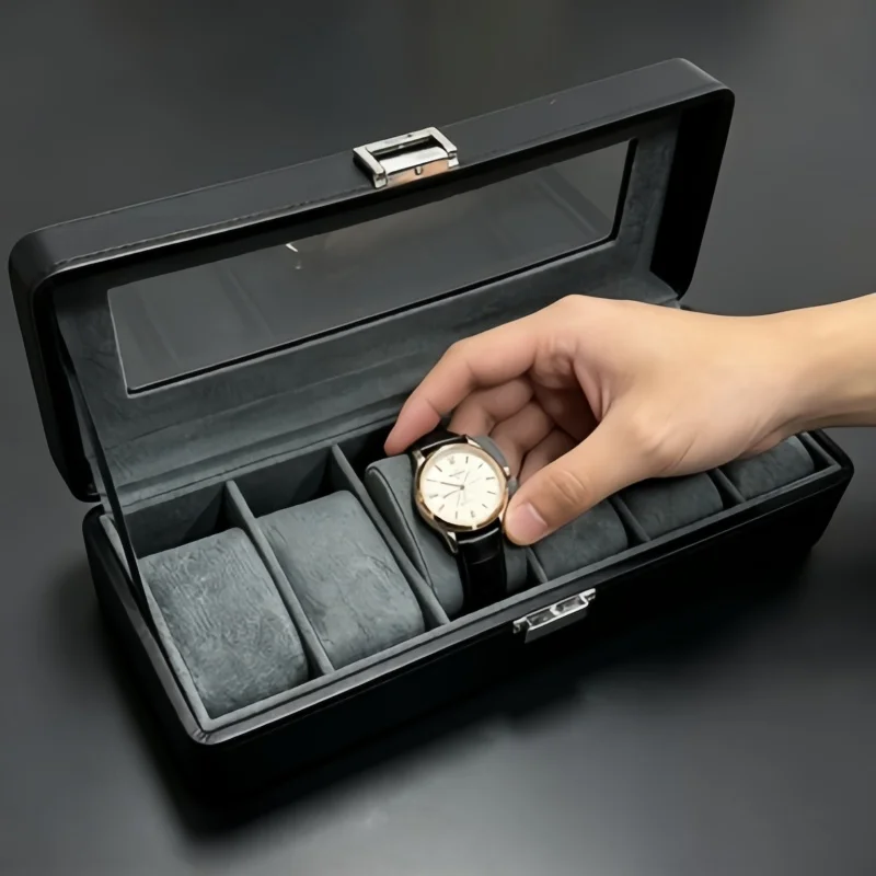Luxury 6 Slot Leather Watch Box with Lock, 3Pcs Premium Watch Display Organizer + Bracelet Jewelry Box Set for Men