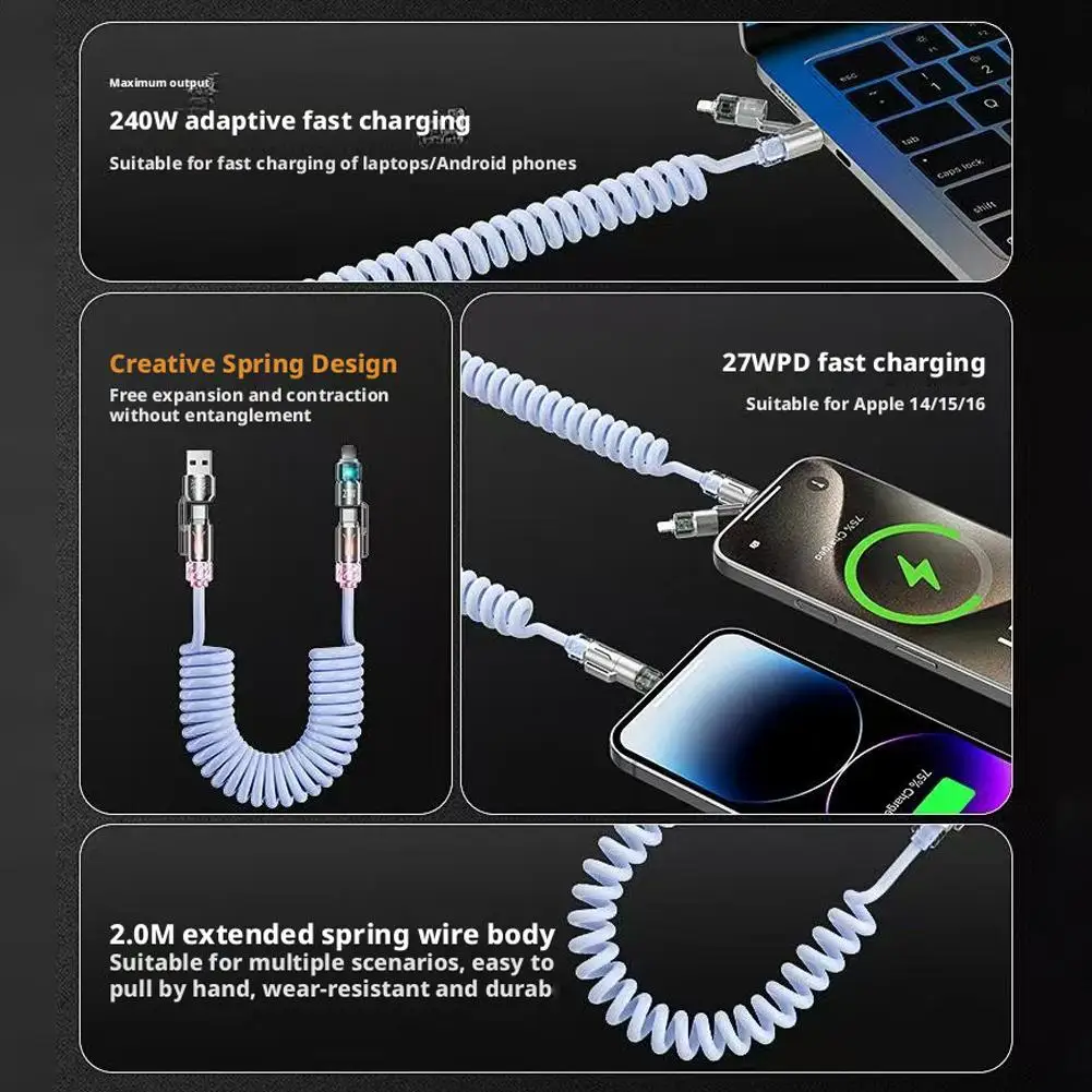 Super Fast Charging 240W 4-in-1 Car Spring Data Cable For Android For IPhone With 480Mbps High-Speed Data Transfer For IPho S8Z2