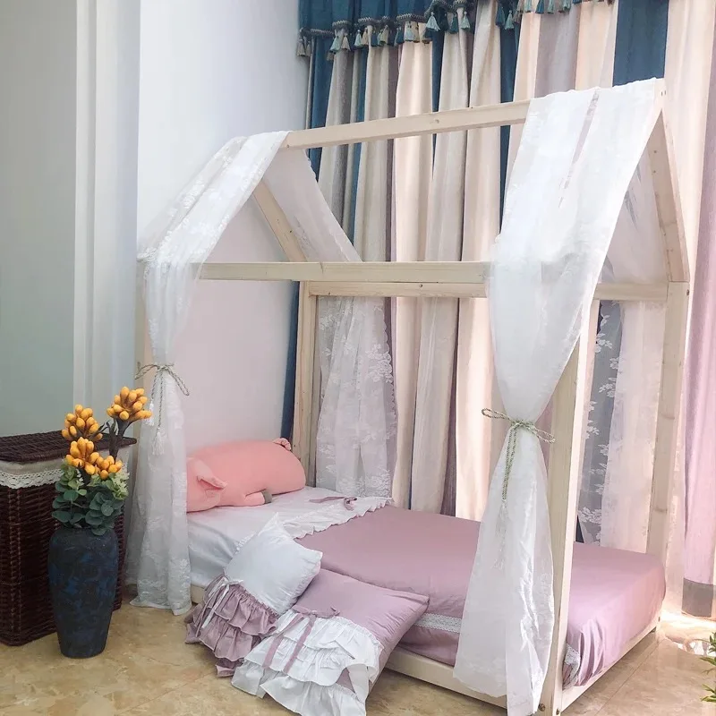 Bed Curtain Children's  Small Wooden Roof Tent Play House Bed Curtains Mosquito Net Princess Lace Kids Girl Bed Decoration