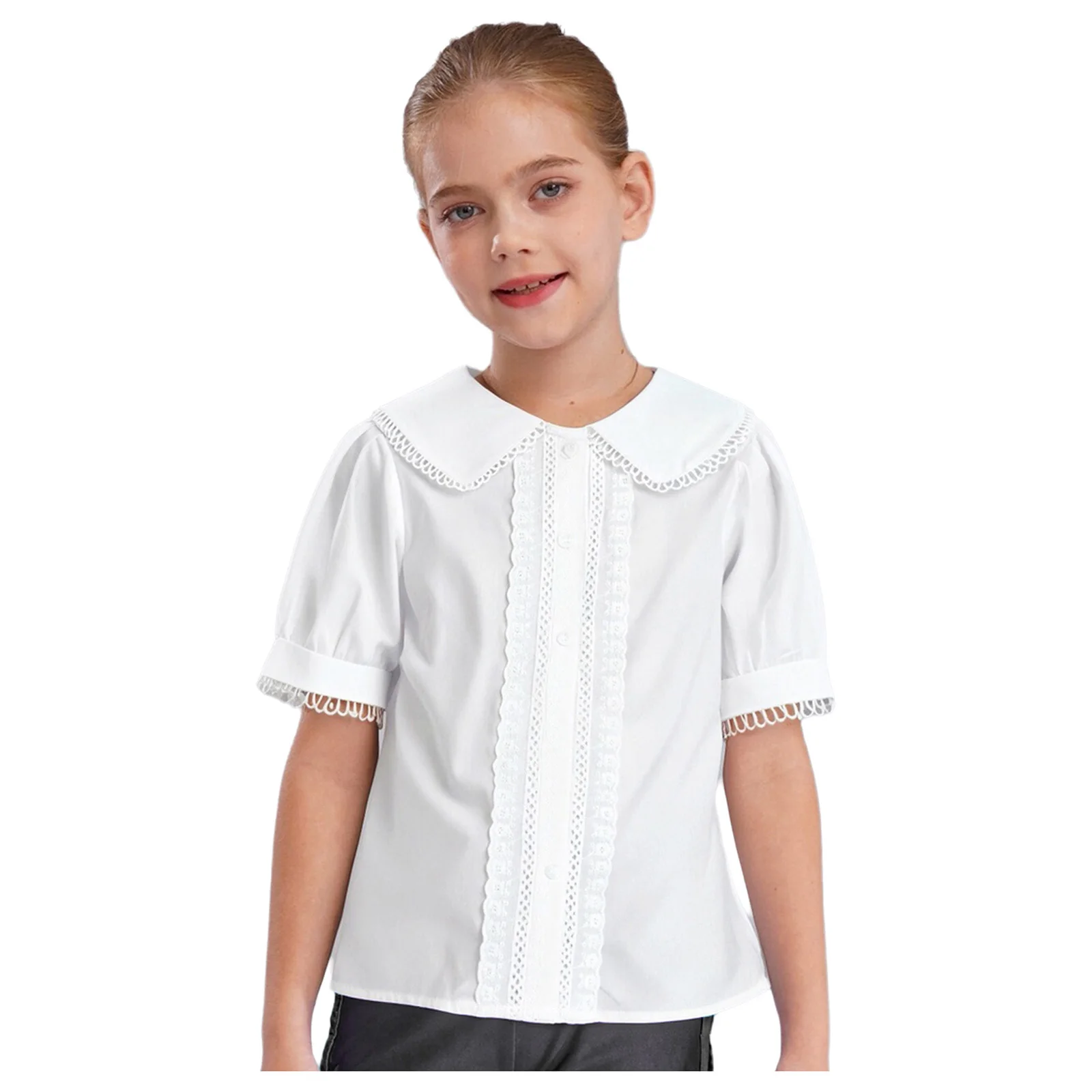 

Kids Girls Shirt Summer Cotton Short Puff Sleeves Lace Trim T-Shirt Turn-Down Collar Button Solid Color Casual Blouse Top New
