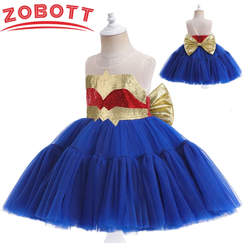 

Hot Toys Kid Captain America Cosplay Costume Color Blocking Girl Ball Princess Mesh Dress for Height 90cm-120cm Children