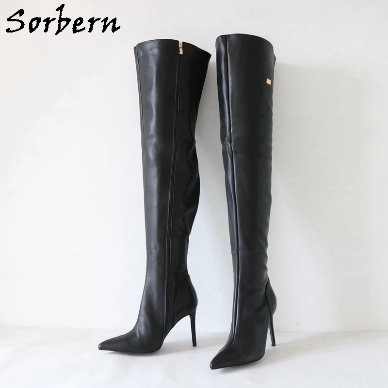 Sorbern أسود ماتي أحذية النساء فوق الركبة الفخذ عالية أحذية نسائية أشار تو الخناجر عالية الكعب لون مخصص