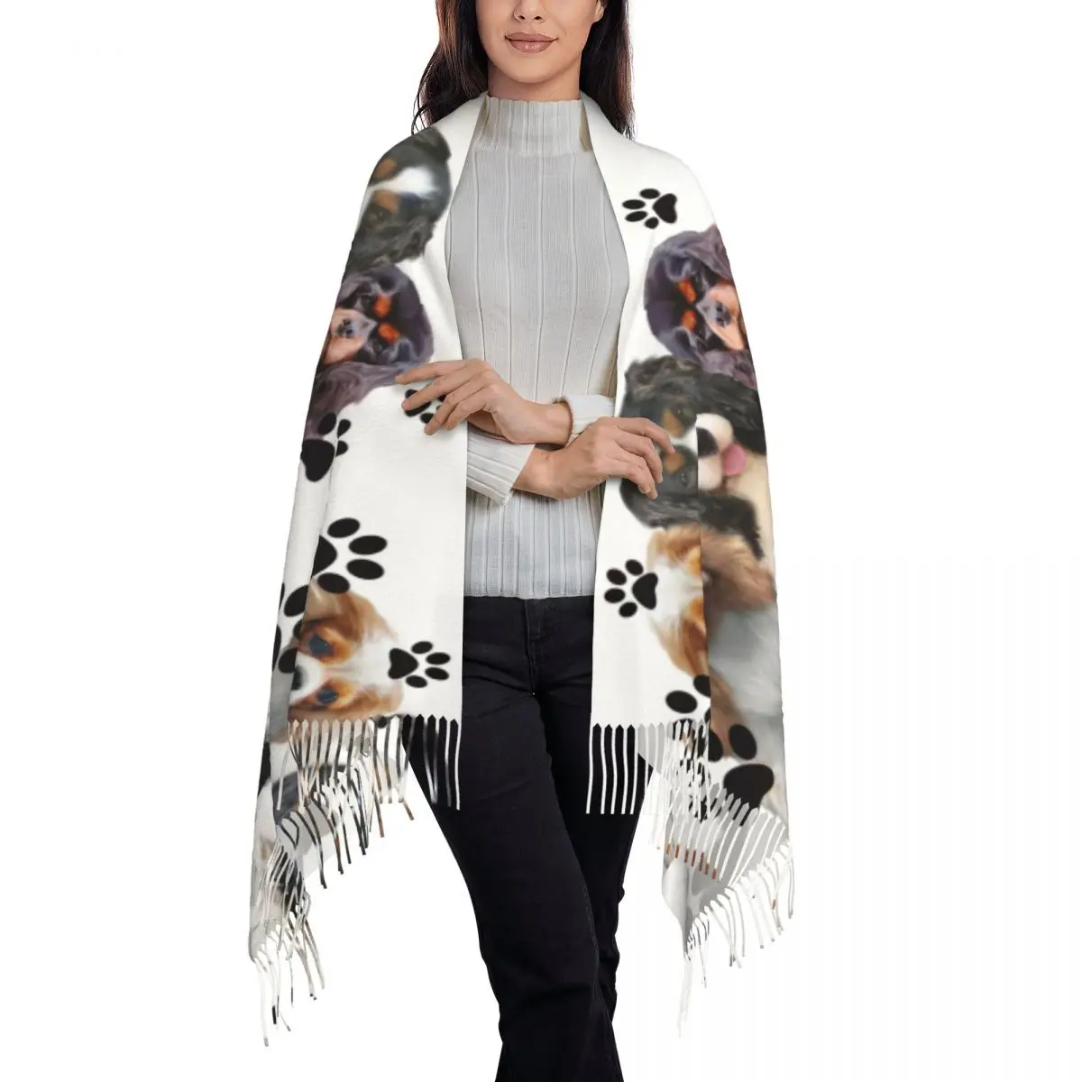 Cavalier King Charles Spaniel Scarf Women Stylish Winter Fall Wrap Shawl Family Group Dog Lover Tassel Wraps