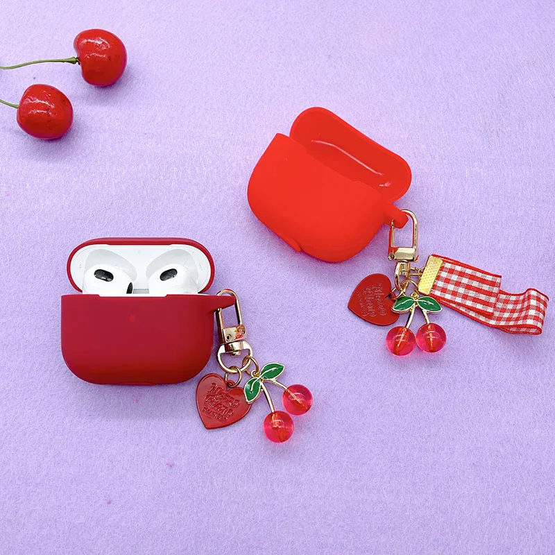 Vintage Crystal Cherry Keychain For apple AirPods 4 Case Cover Cute Wine Red Silicone Earphone Case For AirPods 3 Pro 2 Cover