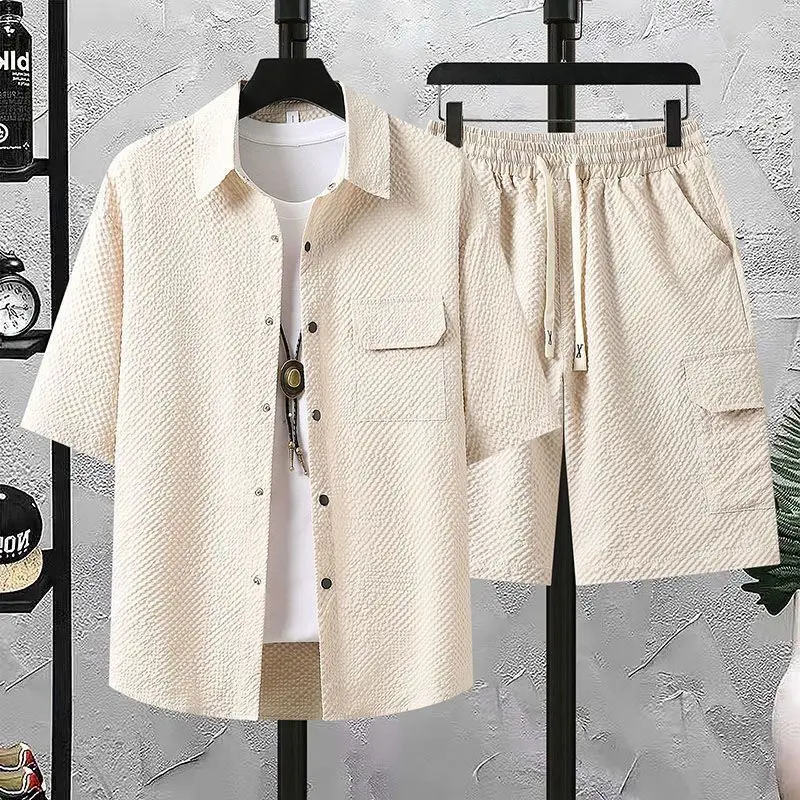 

Ice Silk Men Summer Set Short Sleeve Shirt Shorts Workwear Hong Kong Style Casual Trendy Versatile