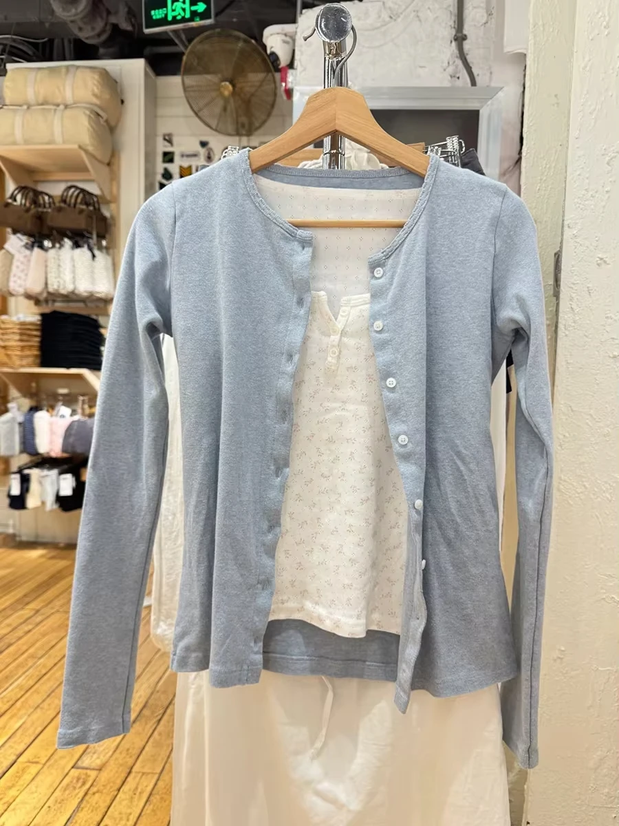 Blue Sweet Eyelet Knitted Long Sleeve Tees Women New Cotton Casual Slim Single Breasted Smock Tops Sweet Cute Basic T-shirts