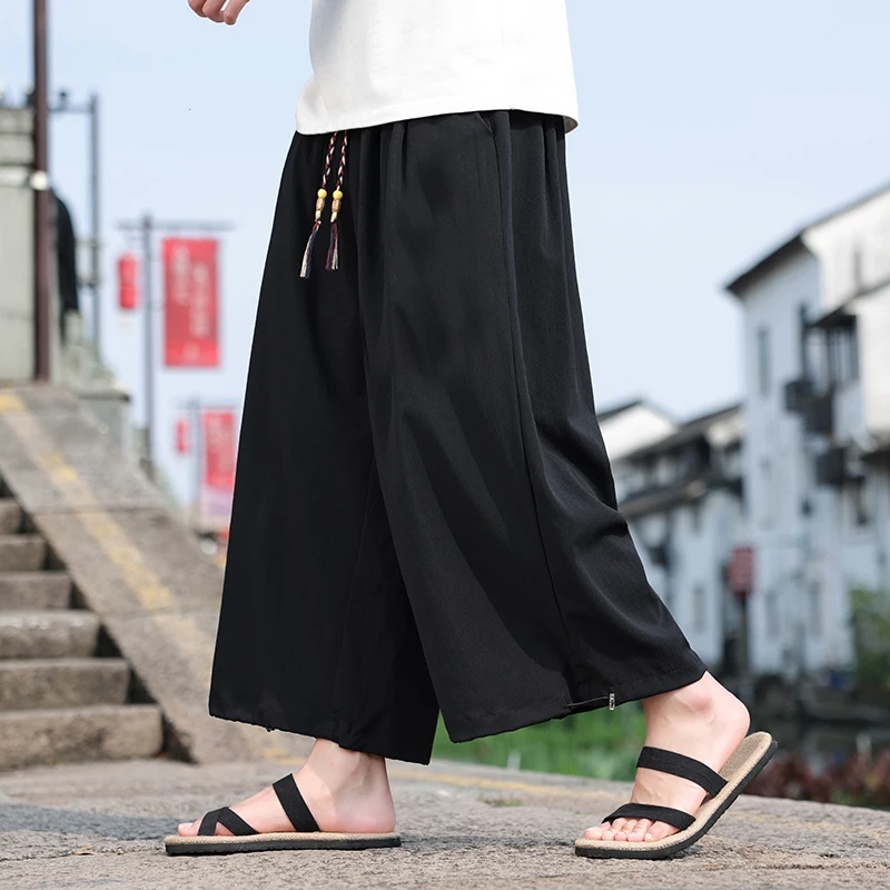 

Chinese Style Summer Wide Leg Pants Men Oversized Baggy Ankle Length Beading Drawstring Trousers Retro Plain Clothes Plus Size