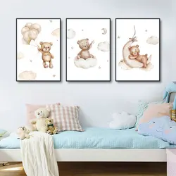 3 STKS Frameloze Cartoon Ballon Cloud Beer Posters Kinderkamer Foto Muur Canvas Schilderijen Voor Baby Kid's Jongen Meisje Slaapkamer