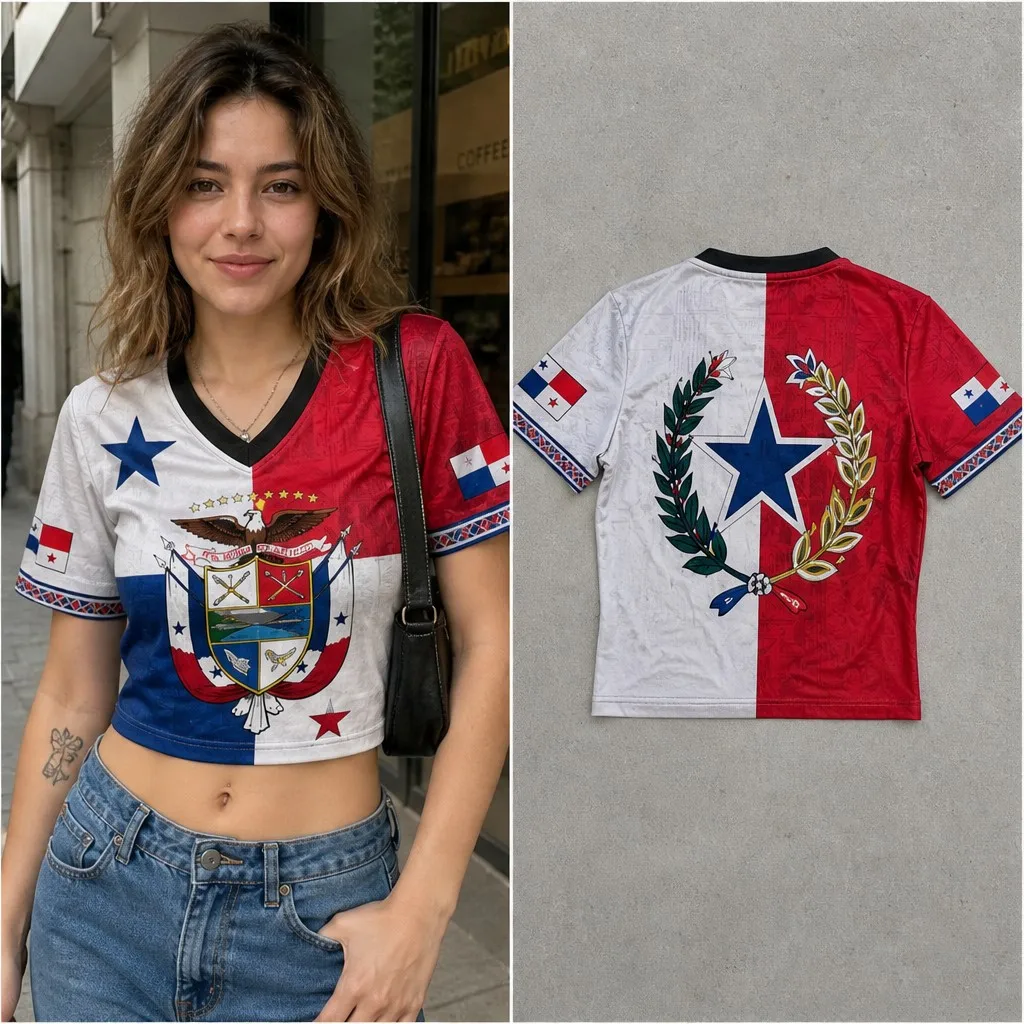 Womens Panama V Neck Short Sleeve Crop Tops Flag Crest Laurel Star Graphic Casual Summer Tshirt for Street Travel and Daily Wear