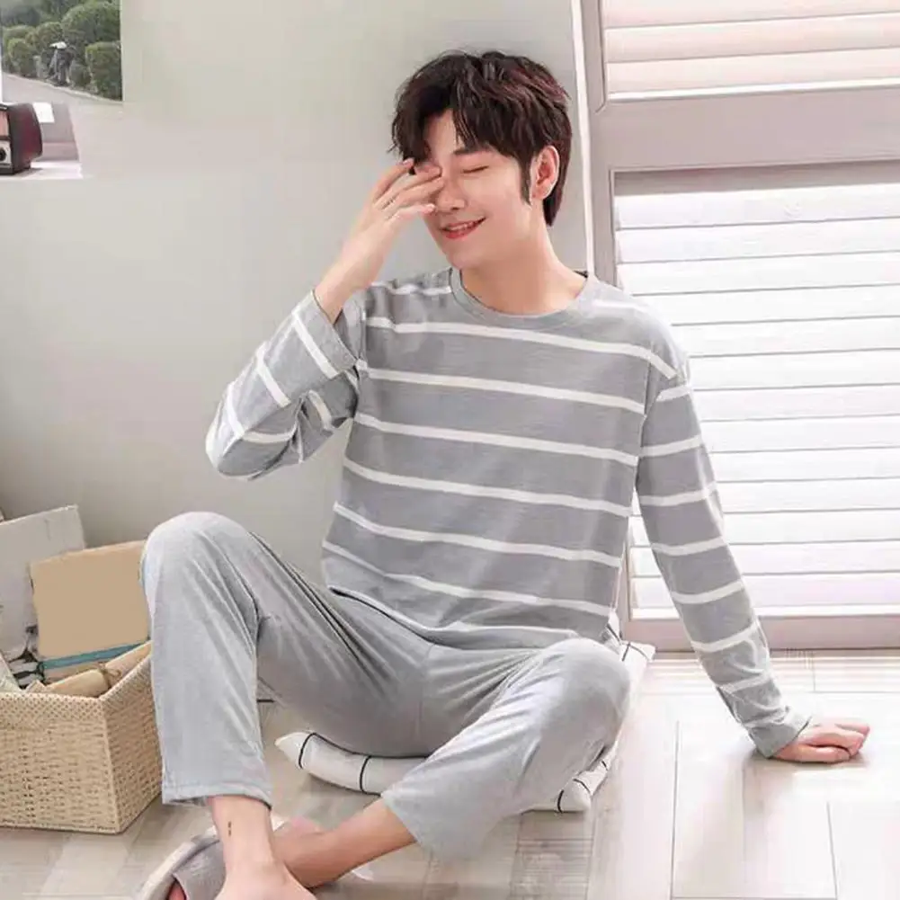 Men Lounge Wear Set Men's Striped Print Pajama Set with Long Sleeve Top Elastic Waist Pants Cozy Lounge Wear Set for Home 2