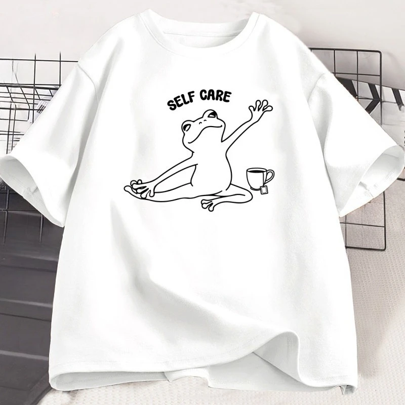Retro Frog Self Care T-Shirt Funny Cute Frog Tshirt Casual Cotton Short Sleeve Frog Lover Gift Positive Mental Health T Shirt